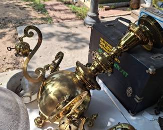OLD VICTORIAN BRASS FIXTURE WITH SHADES