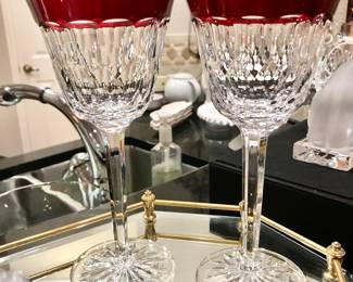 Pair of Waterford red rim wine glasses
