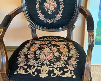 Needle point chair one of a pair with foot stool