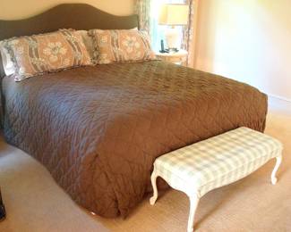 Queen bed, bench and pair of half round lamp tables