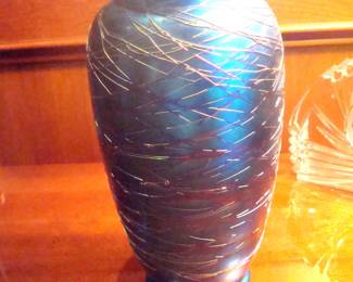 Art glass vase, probably Durand. bottom drilled for conversion to lamp.