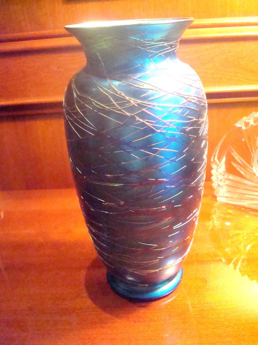 Art glass vase, probably Durand. bottom drilled for conversion to lamp.