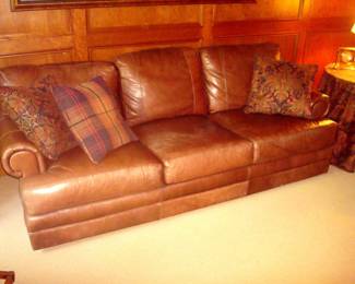 Arhaus tan leather sofa