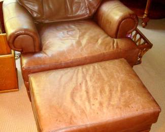 Arhaus tan leather chair and ottoman