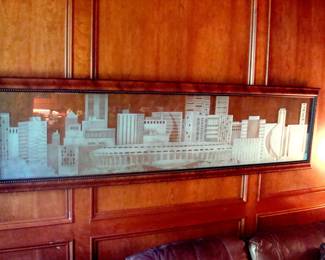 Heavily embossed glass city scene