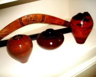 Hand made,turned Swiss wooden vases and signed boomerang.