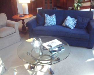 Sherrill sofa and glass round glass top coffee table