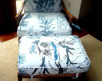 Rush seat chair and ottoman with removable cushions
