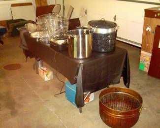 Copper tub, one of sev. stainless cooking pots, large lucite pitchers with spouts, etc