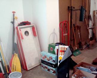 Corn hole game, croquet & other items & yard tools