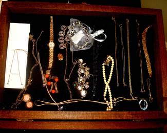 Lady's 14 kt. gold watch and band, 18 kt. gold bracelet, 14 kt gold chains, sterling items & etc.