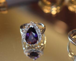 14k white gold ring with a large amethyst stone