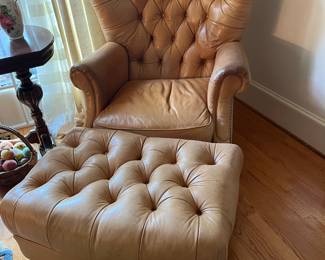 Leather button tufted chair with ottoman