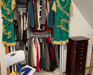 vintage ladies clothes , jewelry armoire shower bench 