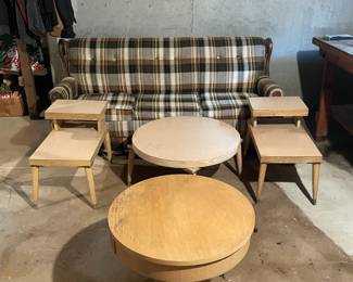 blonde step end table set, plaid sleeper sofa