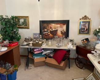 Crystal silver plate serving pieces toss pillows tea cart 