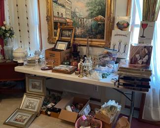 Brand new brass chargers large oil painting new in box glassware framed prints