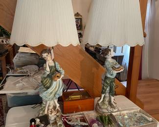 Large French provincial lamps, crystals for chandeliers, ornaments from England tower of london gift shop royal guards,  music box 