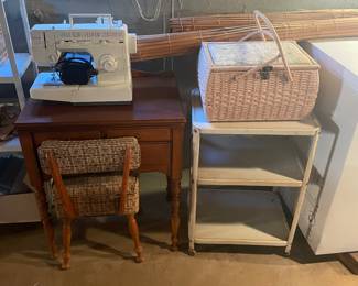 Like new Singer sewing machine sewing table and chair sewing basket utility cart vintage large bamboo roll up blinds ( used as a room divider for years)