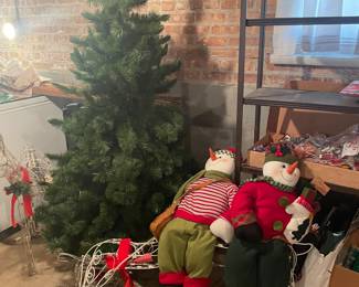 Vintage fluffy Christmas tree, easy set up lawn reindeer