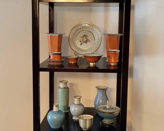 Rare Dahl-Jensen centerpiece bowl $172  Large selection of Thorkild Olsen design iron red and pale aqua painted and gilded Royal Copenhagen porcelain vases, covered bowl, covered box, small bowls $28-$142 