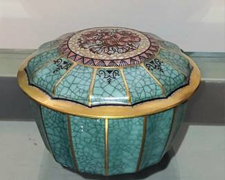 Rare hand painted Dahl-Jensen jar - wide fluted domical cover and body, cover with floral spray roundel.  $148