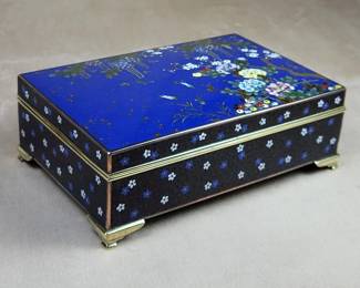 Mid-20th Century Japanese Inaba floral cloisonne box - gently domed cover with copper fleck "sparkling stars" on deep blue sky.  Remarkable example - impressive in scale, unparalleled craftsmanship in the complex demanding process and media, tactile qualities and refined aesthetics.   2.6" high x 8" wide x 5.2" deep at feet  PERFECT!   $695 firm
3 lbs!


