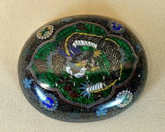 Rare Ca. 1910 Japanese Ginbari Cloisonne Oval Kogo Box Coiled Dragon & Roundels.   $295