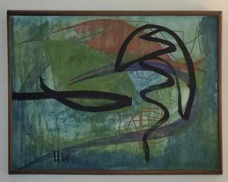 Acrylic on panel abstract "Five Fish."  Artist signed and dated 1969.  Period hardwood frame. 18.5" x 24.5" overall  $195