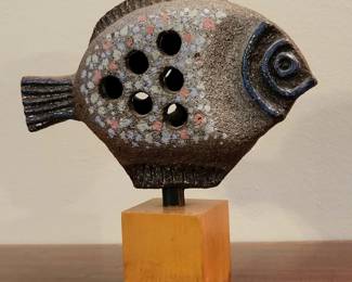 Marvelous MCM ceramic fish sculpture on hardwood base.  Artist signed and labeled with the Vaddo Island, Sweden studio.   $215