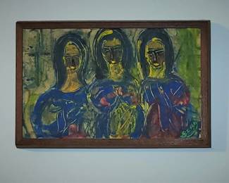 Mid Century Abstract oil on panel "Three Siblings Arranging Flowers"  6" x 9" $82 