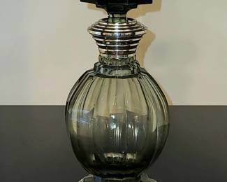 Iconic 1930s Bohemian Art Deco smoked crystal and 800 silver decanter with octagonal stopper, faceted neck, paneled body and 10-sided base.   Fine condition.   $215