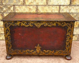 Spanish Renaissance style painted iron coffer.  Circa third quarter 20th century.  12" high, 21" wide handle-to-handle, 10.25" deep.  19 lbs.  $675  