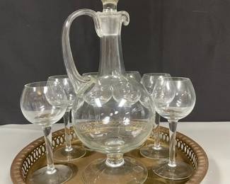 Clear Decanter Set On Brass Tray