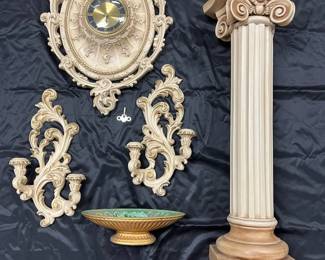 Vintage Pedestal, Wall Clock And Sconces