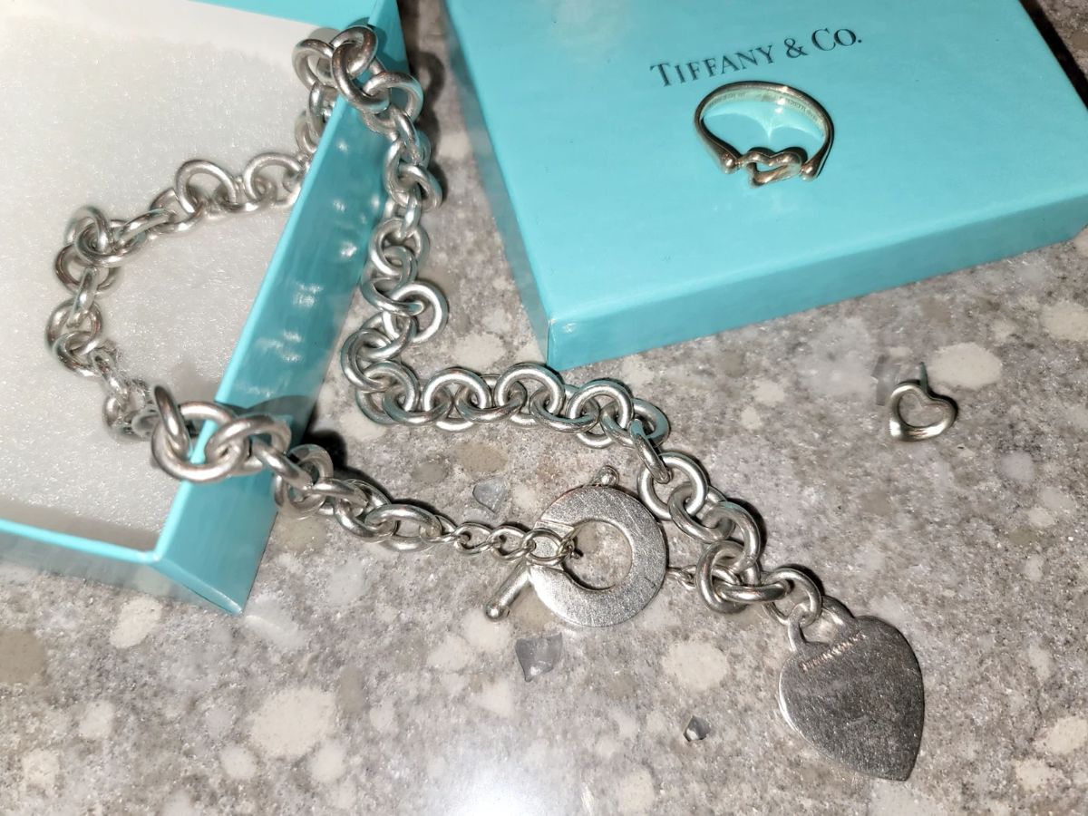 Sterling Silver Tiffany & Co. chunky chain necklace with heart.  Heart ring and earring.