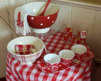 red, white, kitchen accessories