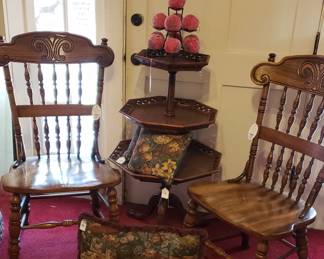 Carved spindle chairs, 3 tier table