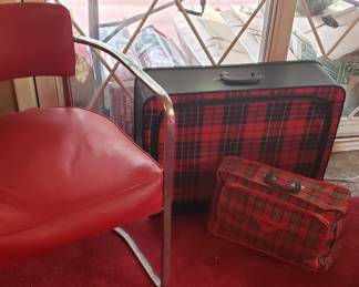 Red Chrome chair, vintage luggage