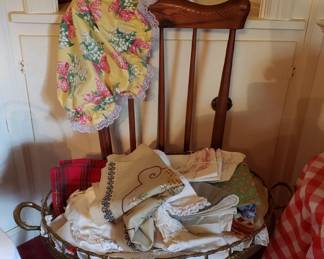 Hand crocheted, cross stitched linens, large bonnet