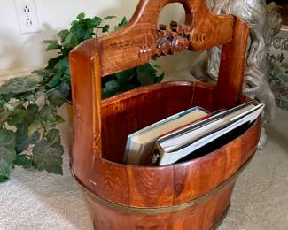 Carved wooden bucket with brass banding