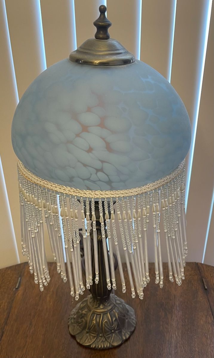Vintage Boudoir Frosted Glass Dome with Beaded Fringe Lamp