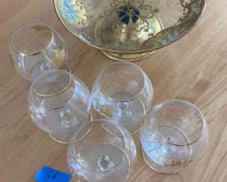 Baccarat Brandy Glasses and Imported Gold Hued pedestal bowl