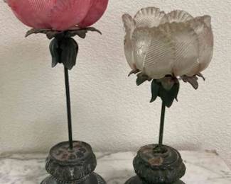 Vintage Set Of 2 Glass And Metal Candle Holders