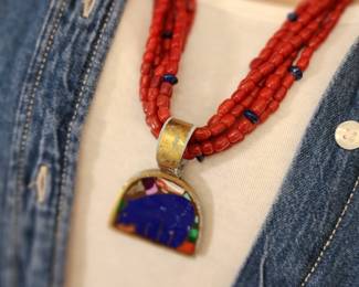 Lapis bear with trade beads necklace