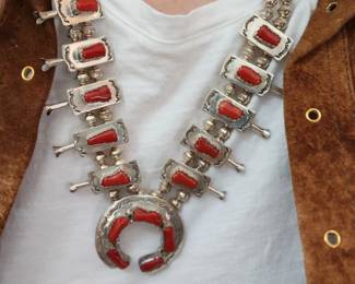 Coral and sterling silver Squash Blossom necklace