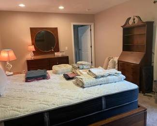 King-sized bed, furniture, lamps