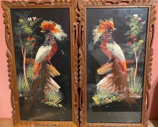 pair framed Mexican "Feather Art" birds