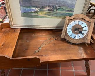 Vintage Wooden Coffee Table, Clock, Large Framed Artwork