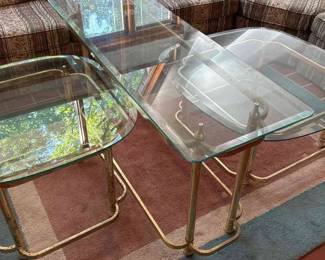 Three Vintage Brass Tables with Glass Tops Rug